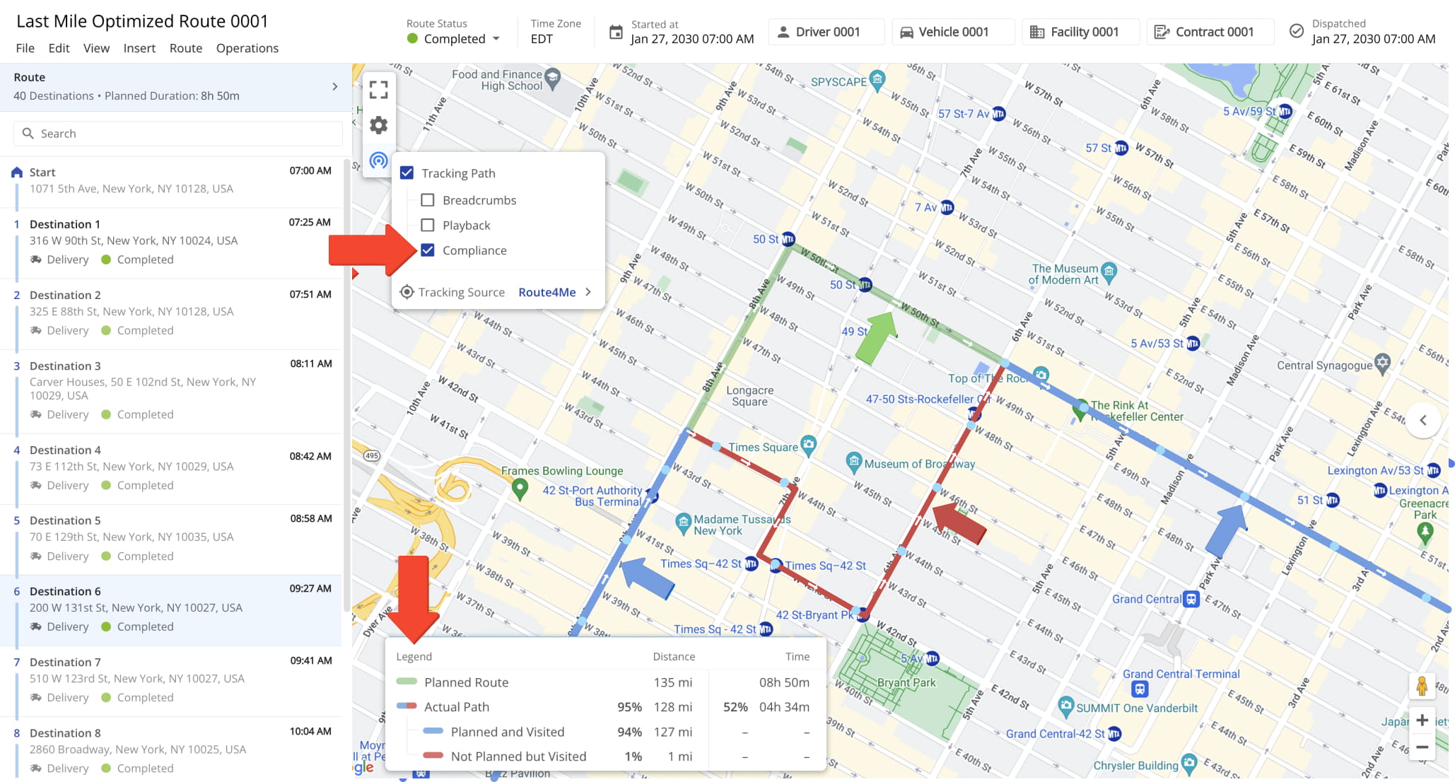 The Route Compliance GPS Tracking Polyline now features a legend that breaks down Planned Route versus Actual Path data.