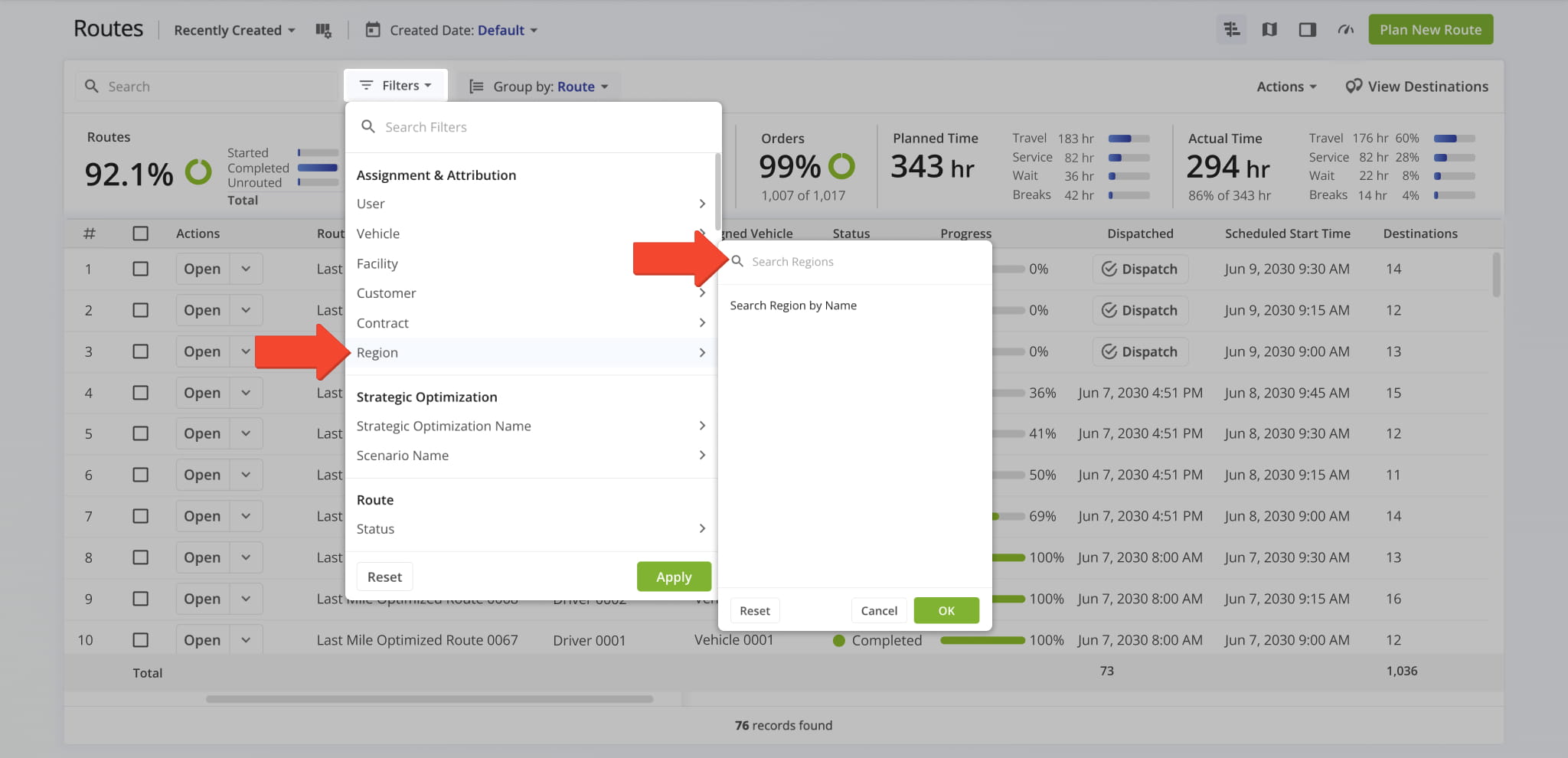 From the Routes List, you can now filter routes by Region.