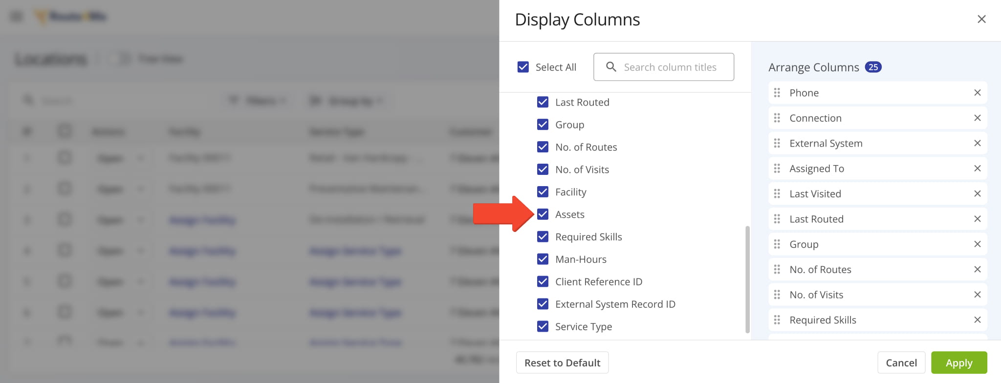 Assets were added as an option for Location Data Columns, showing the Assets assigned to Customer Locations.
