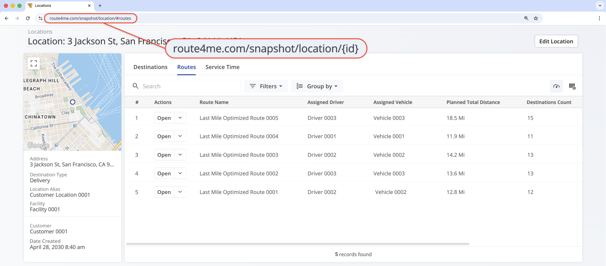 Route4Me Locations Snapshot URL was updated so it is in line with other URLs.