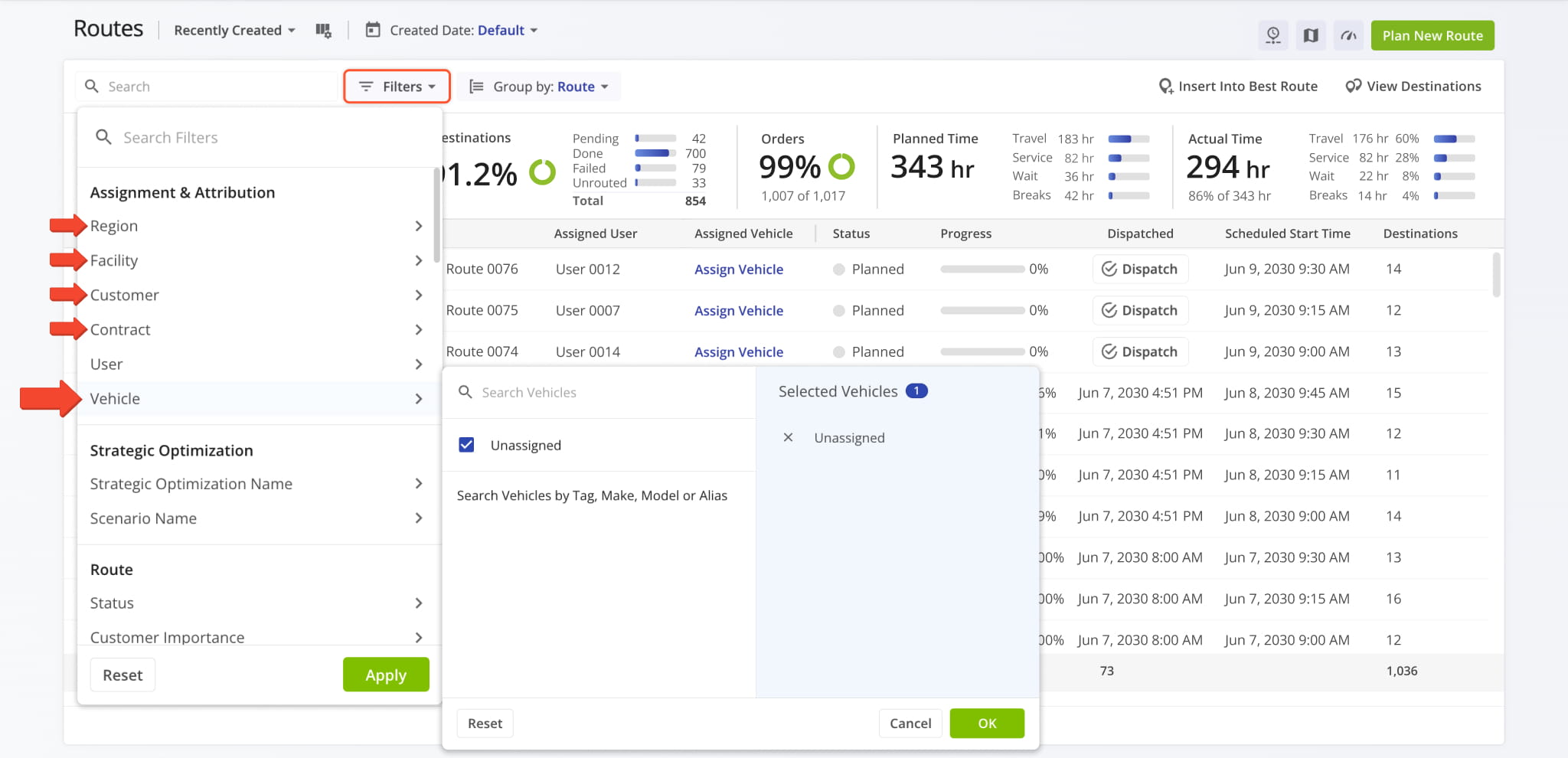 A new Unassigned option was added to Routes Page Filters in the Assignment & Attribution section.