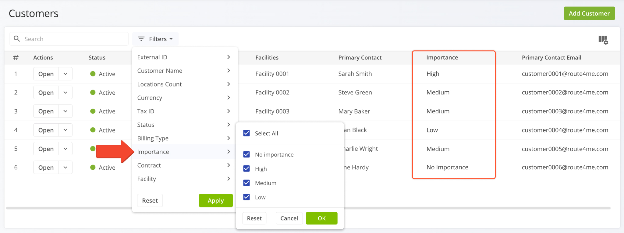 Importance is also available as a filter and display column option on the Customers Page.