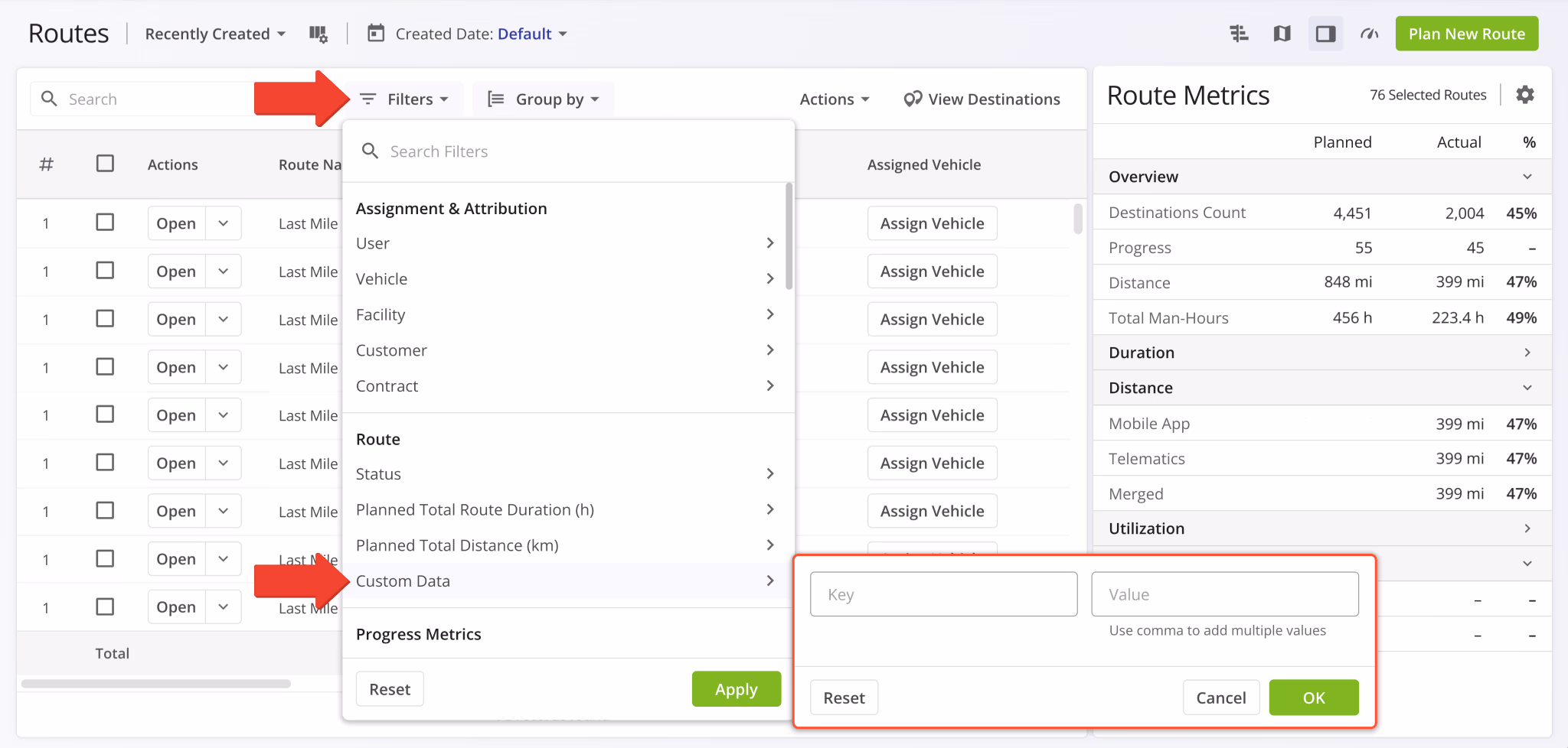 A new Custom Data filter was added to the Routes Page. You can now filter routes by their associated Custom Data.