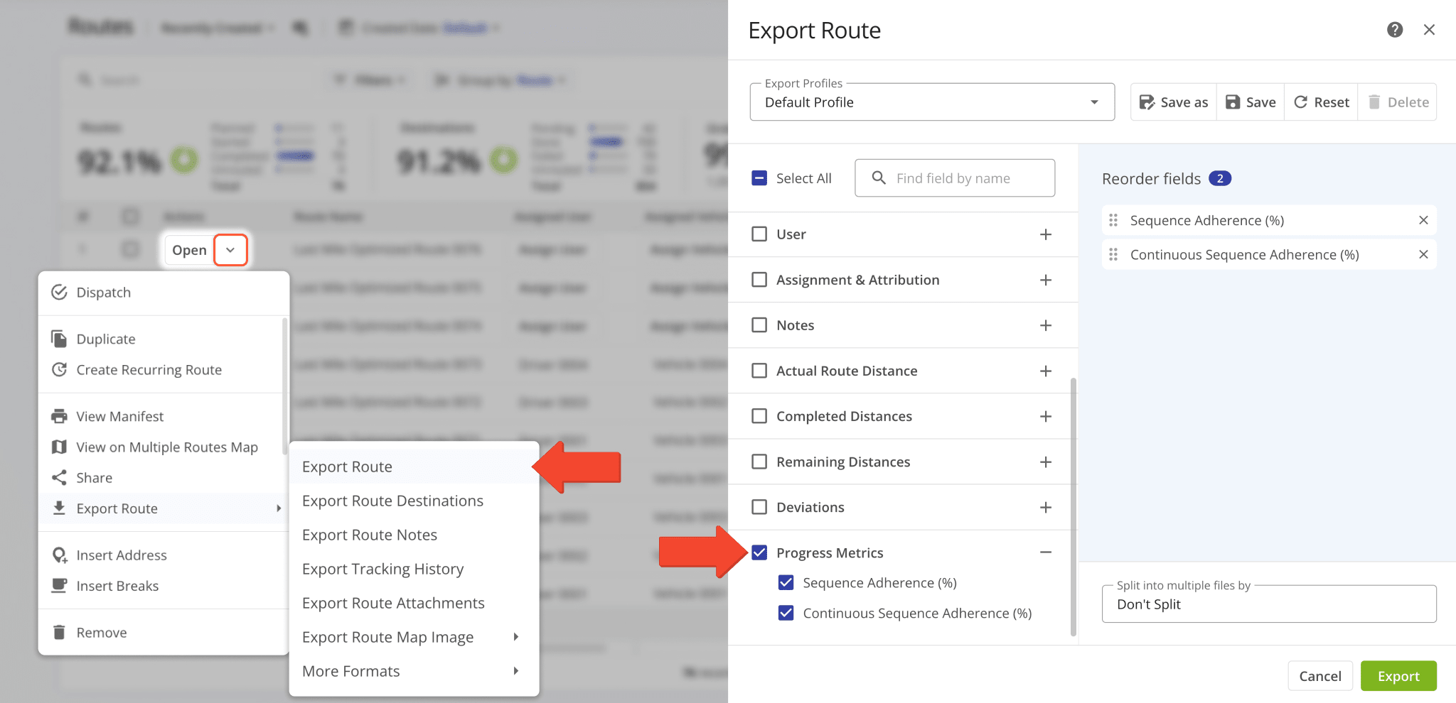 Export route progress metrics and sequence adherence data.