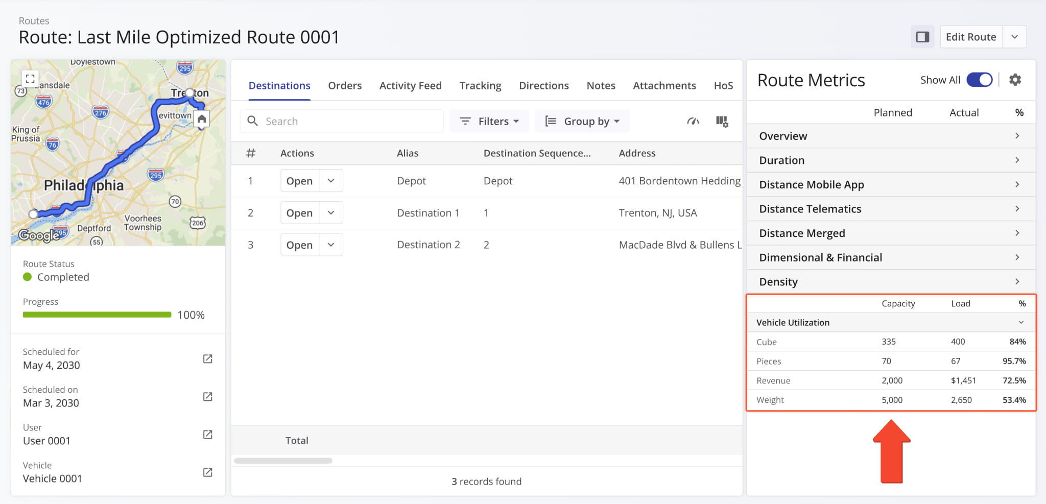 The Route Metrics Panel in Route Snapshots was updated with a new Vehicle Utilization section.