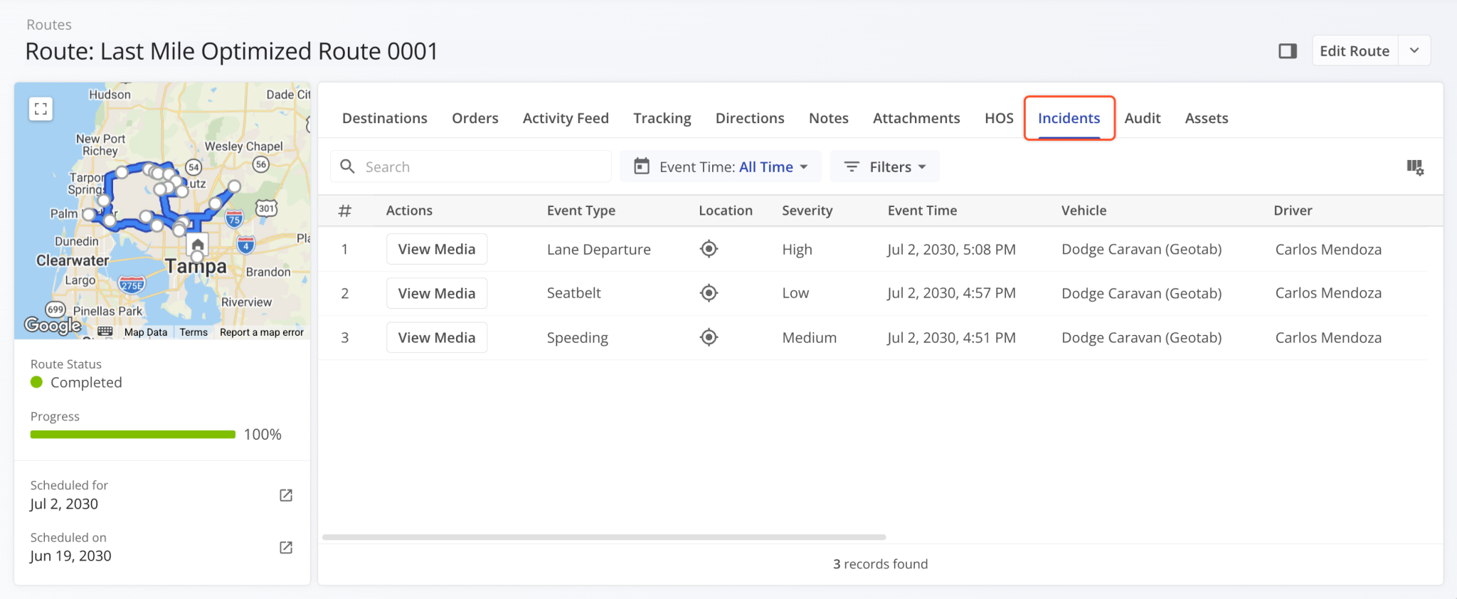 A new Safety Incident section was added to Route Snapshots.