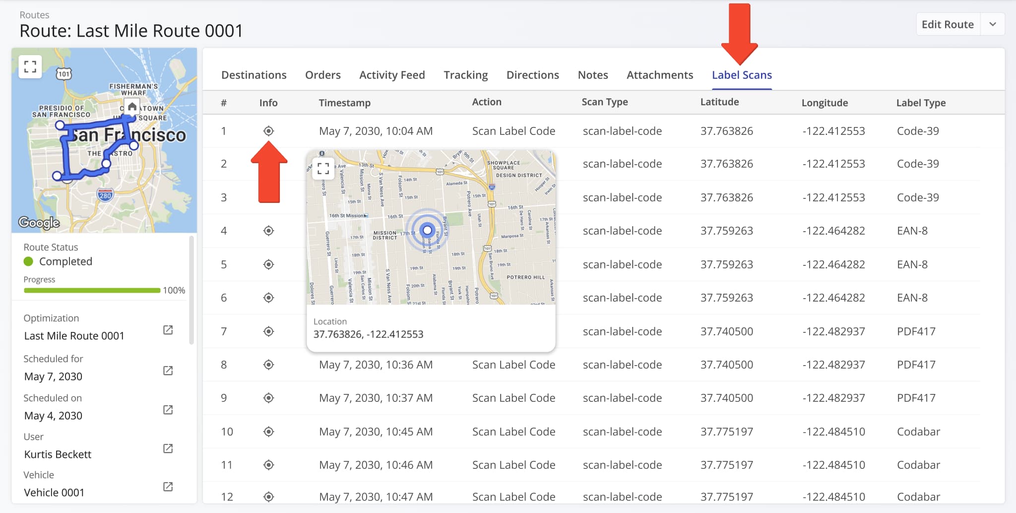 A new Info column was added to the Label Scan tab of Route Snapshots. You can hover over the Location Icon in the Info column to see a popover window showing where the label scan was performed.