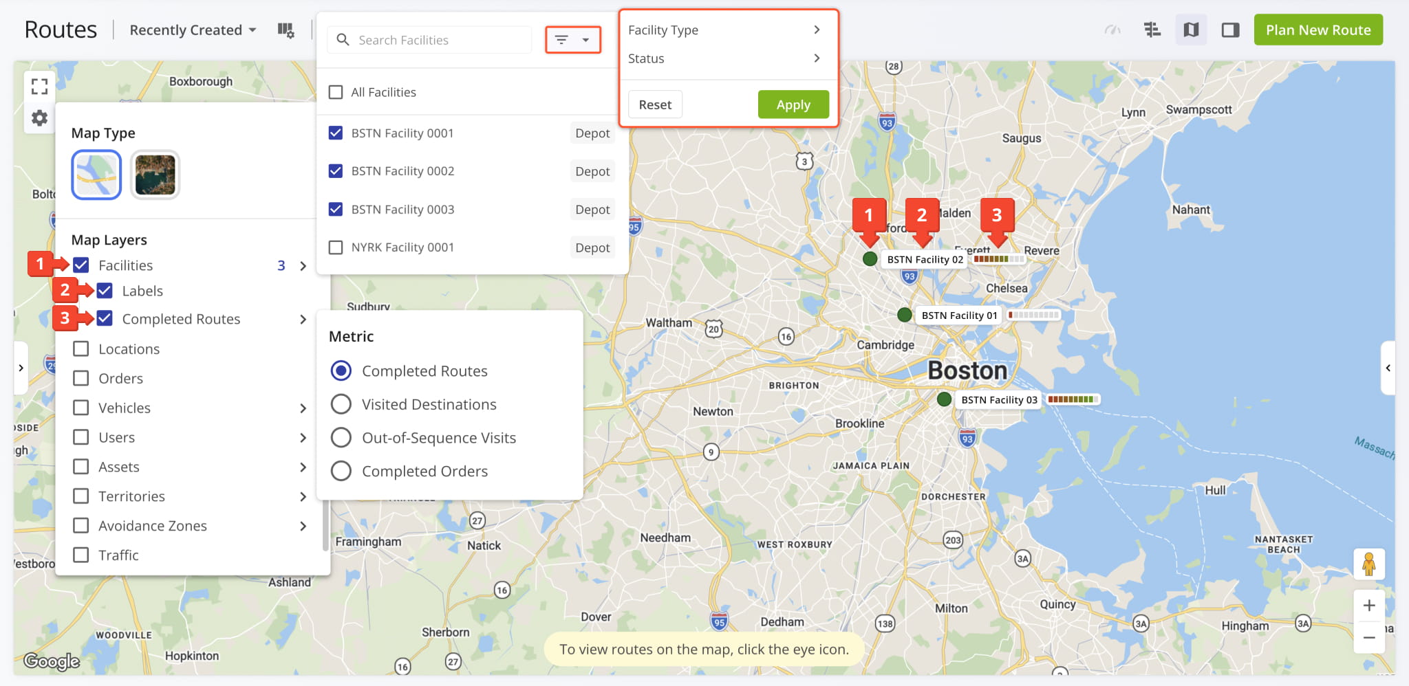 Map Layers related to Company Facilities on the Routes Map were updated with new filters and options.