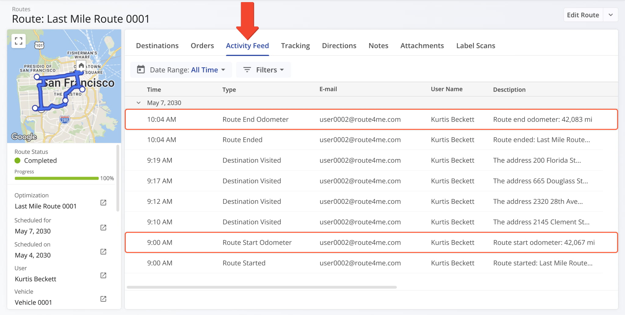 Vehicle odometer reading events were added to the Activity Feed section of Route Snapshots. Route4Me synchronizes imported vehicle odometer values at the start and end of routes.