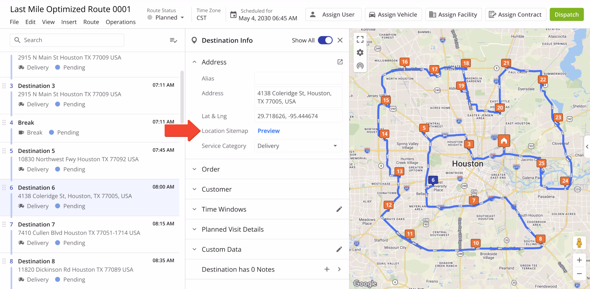 When a destination is linked to a Location from your account, you can preview its associated sitemap directly from the Destination Info panel.