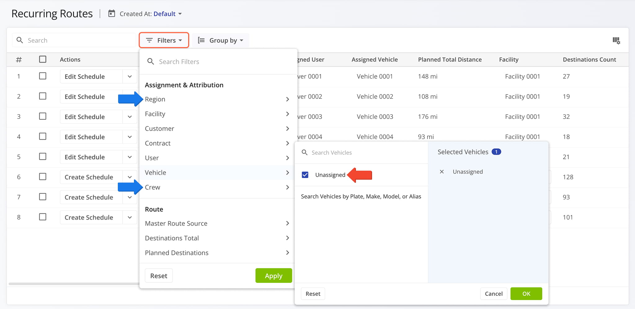 Filters on the Recurring Routes page received several updates, bringing them to parity with filters on the Routes Page.