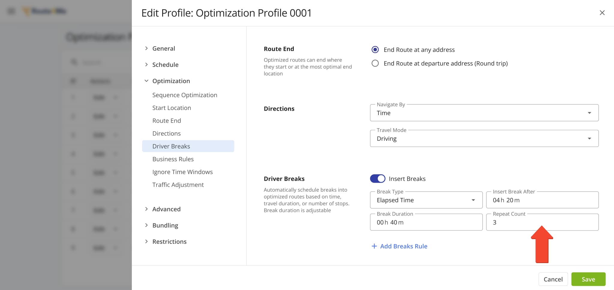 A new Repeat Count field was added when customizing Driver Breaks in Optimization Profiles and other interfaces.