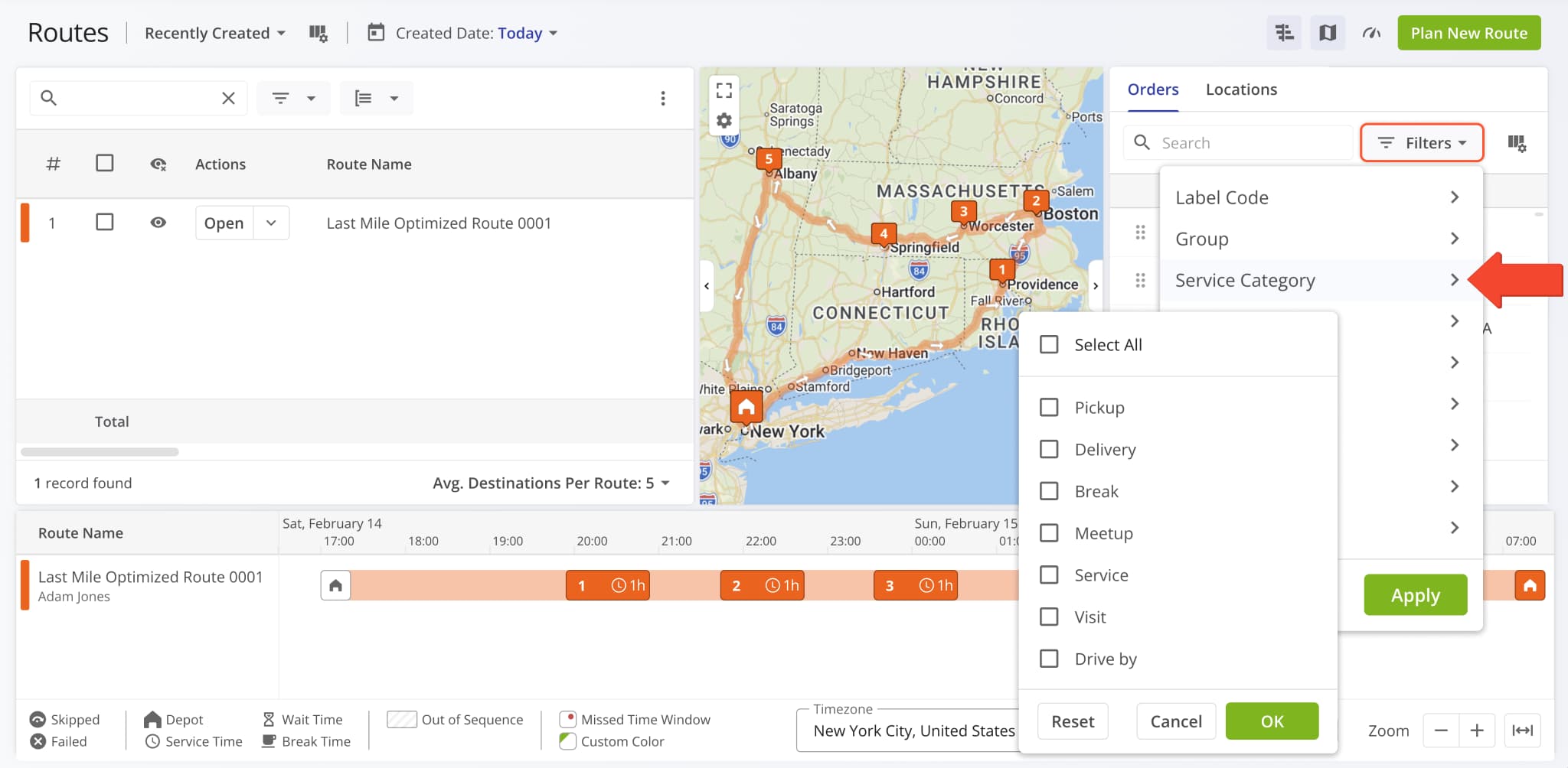 The Order Type filter and display column in the Routes Map sidebar was renamed to Service Category.