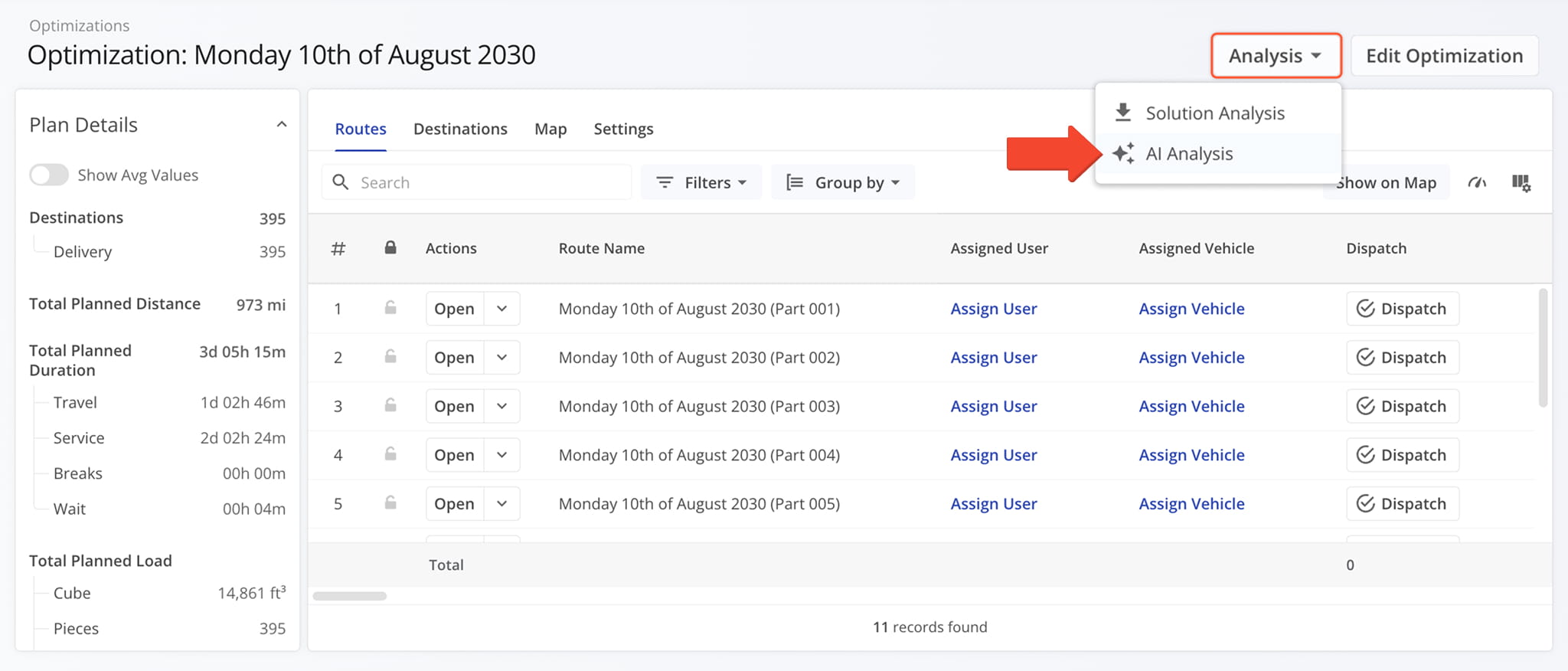 Open AI Analysis for an Optimization by clicking Analysis > AI Analysis in the Optimization Snapshot header.