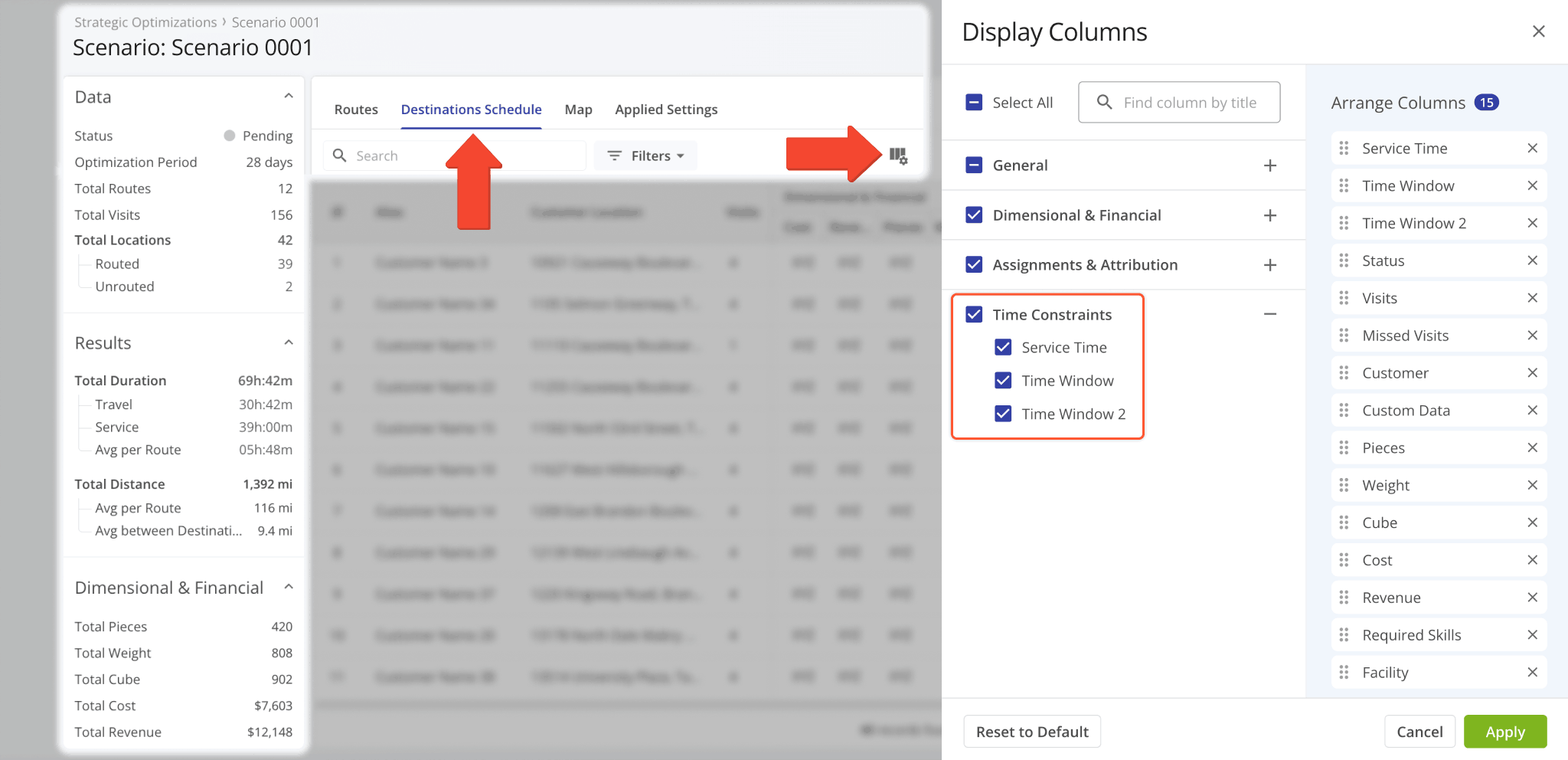 The Destination Schedule category in Strategic Scenarios was updated with new Time Constraints data columns for Service Time and Time Windows.
