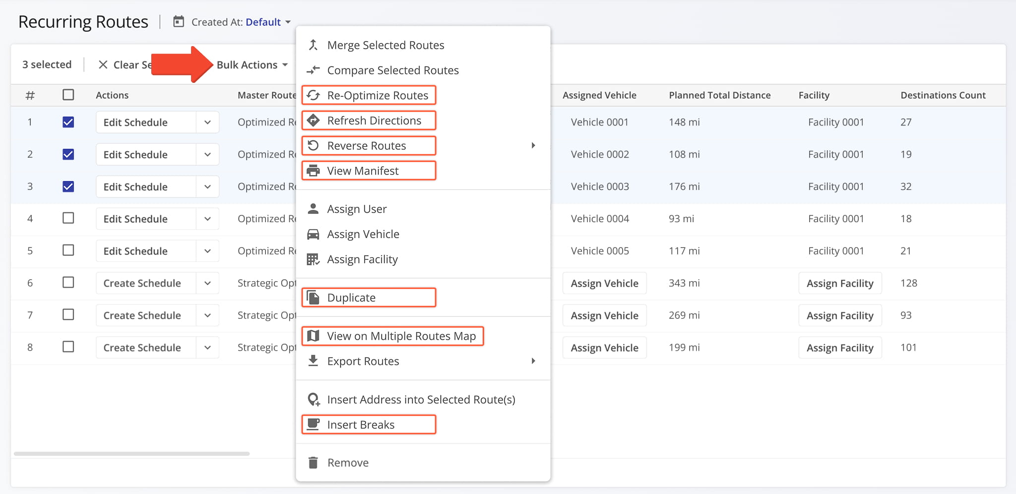 New options were added to the Bulk Actions menu for Recurring Routes.
