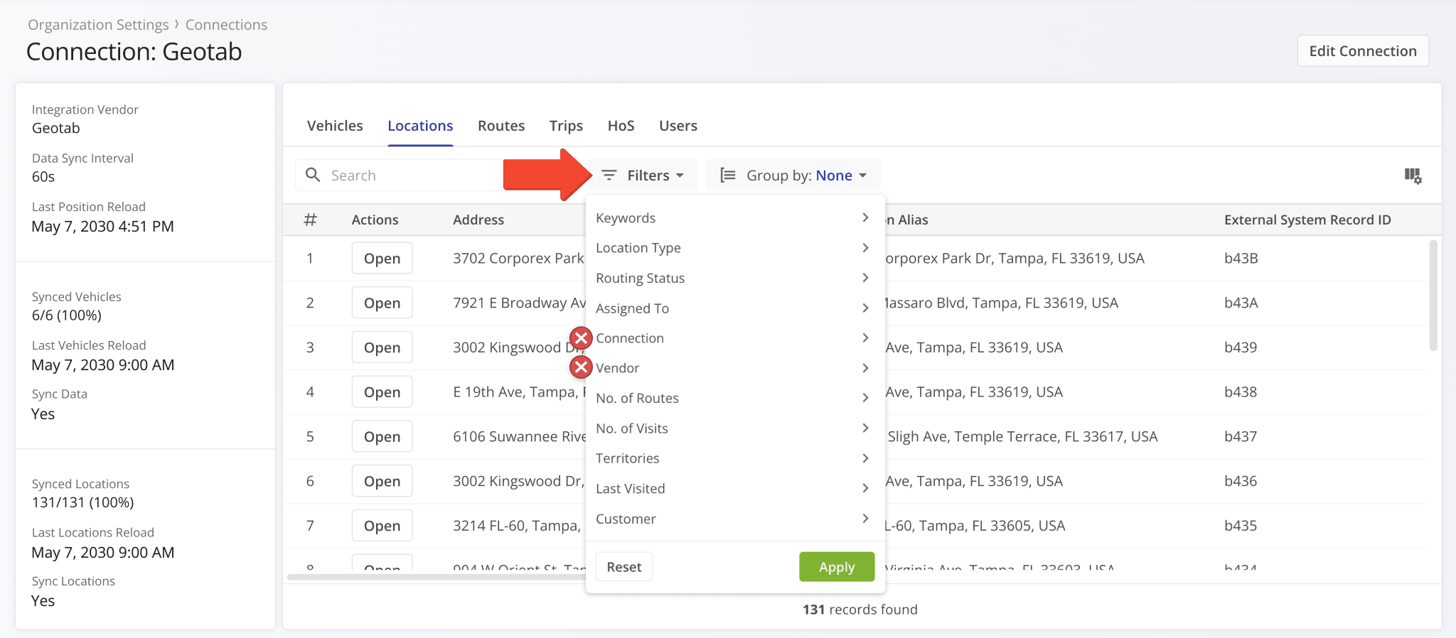 Two redundant filter options were removed from the Locations tab in Connection Snapshots.