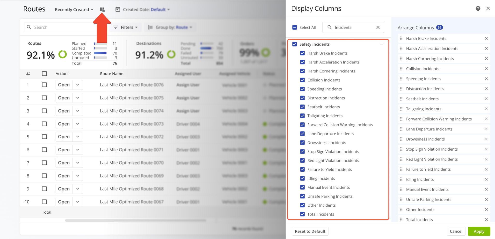 Route Safety Incidents were added to the Routes Page as new Display Columns.