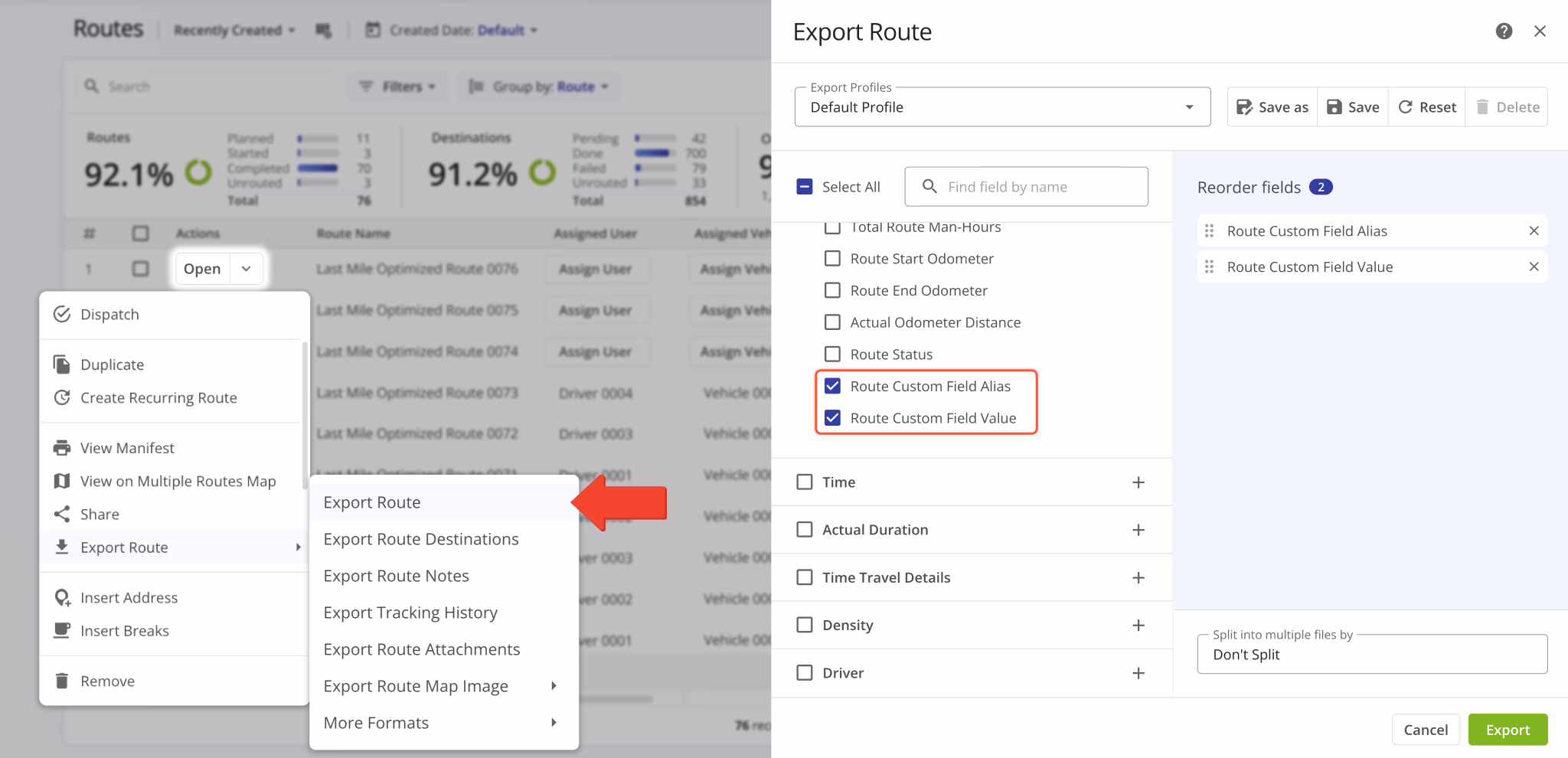 Two new Custom Data fields were added to the Route Export options. These new options enable you to include Custom Data field aliases and values.