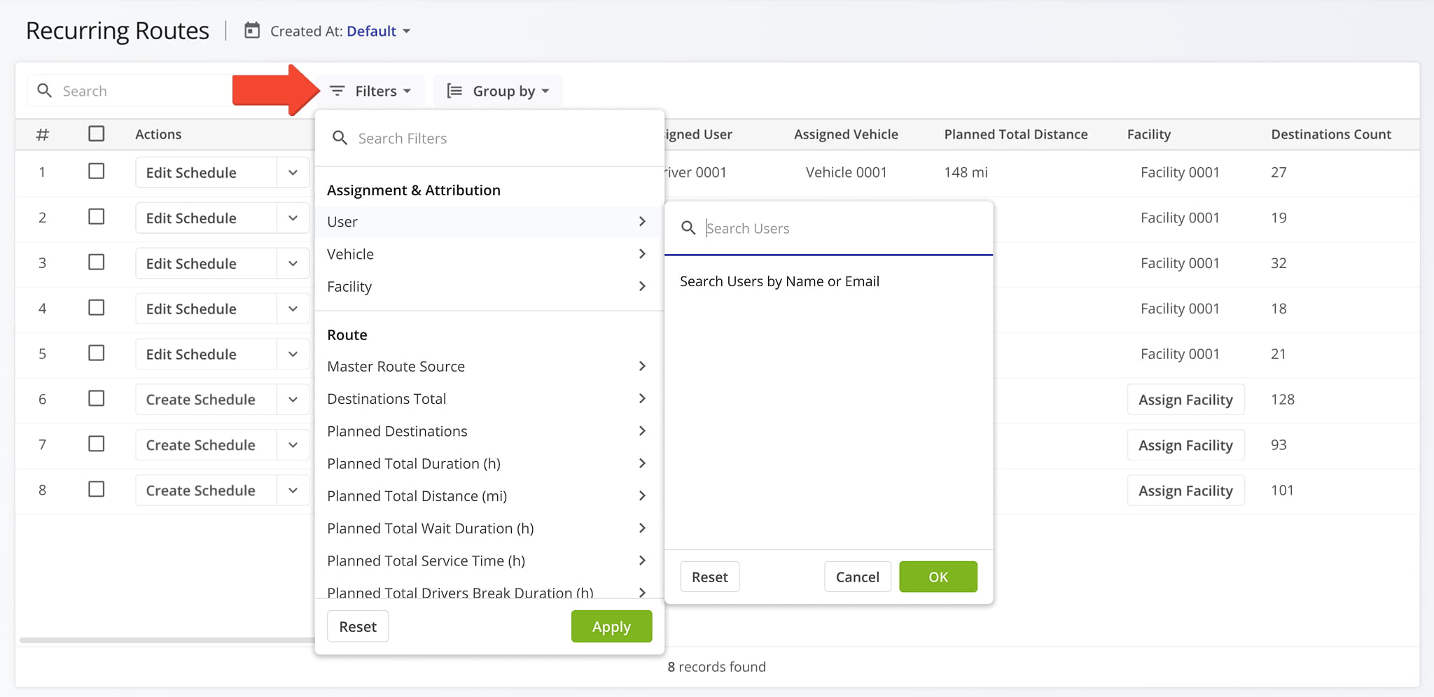 The filters for Recurring Routes were updated. The Unassigned checkbox was removed to streamline filter customization.