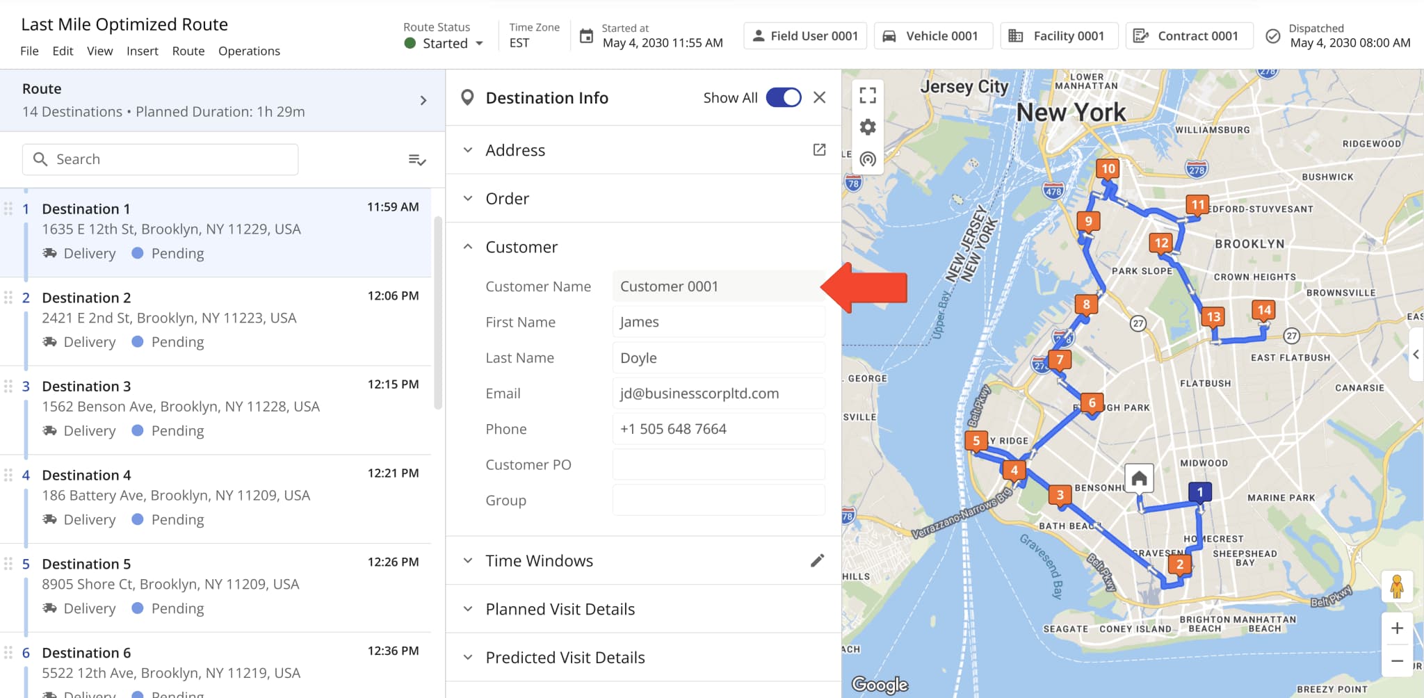 A new read-only Customer Name field was added to the Destination Info panel in the Route Editor.