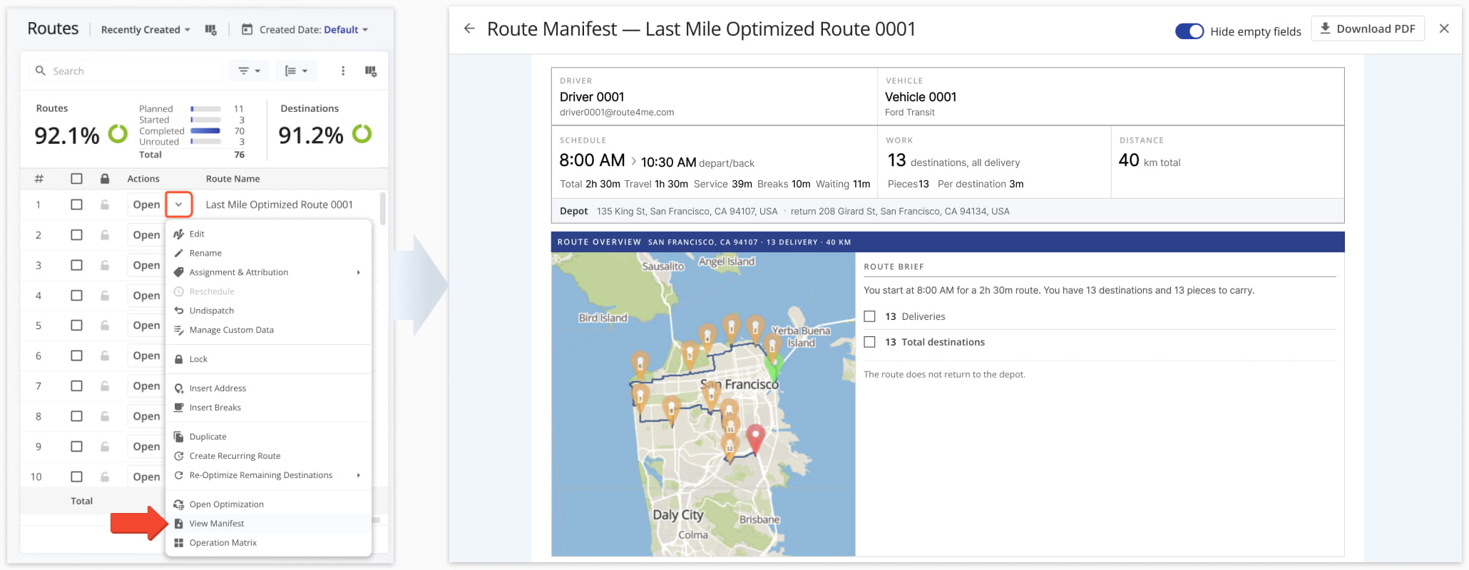 Select View Manifest from a route's menu on the Routes page to open the Route Manifest with the route's details, map, and Route Brief.