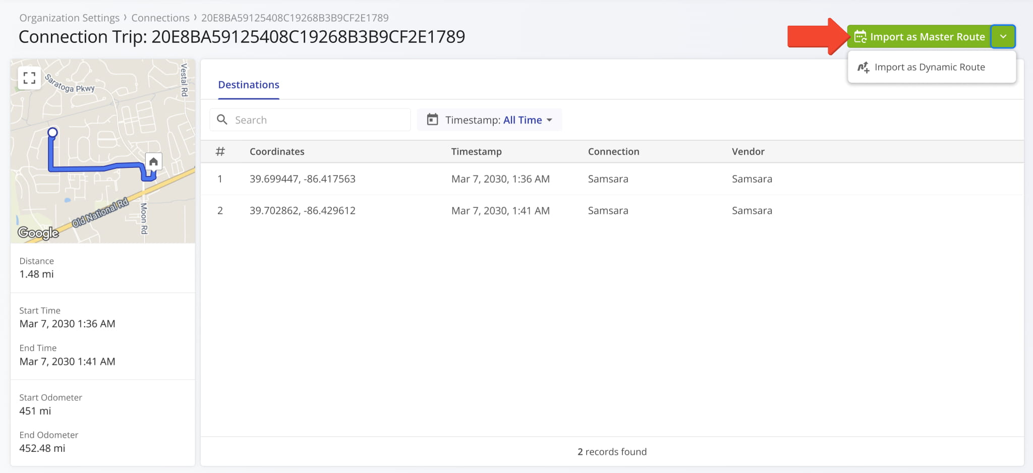 Connection Trip Snapshots show the synched distance and directions traveled by a telematics vehicle according to your vendor settings. Trips can be imported and used as routes in Route4Me.