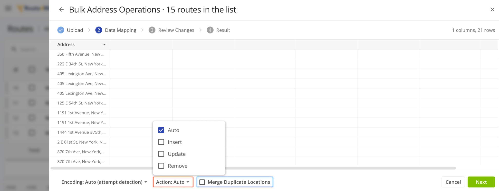 Select one or more actions from the Action menu and enable Merge Duplicate Locations on the Data Mapping step of the Bulk Address Operations wizard.