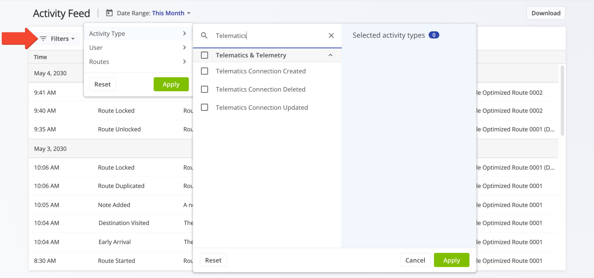 Filter your Activity Feed by events related to Telematics Connections.