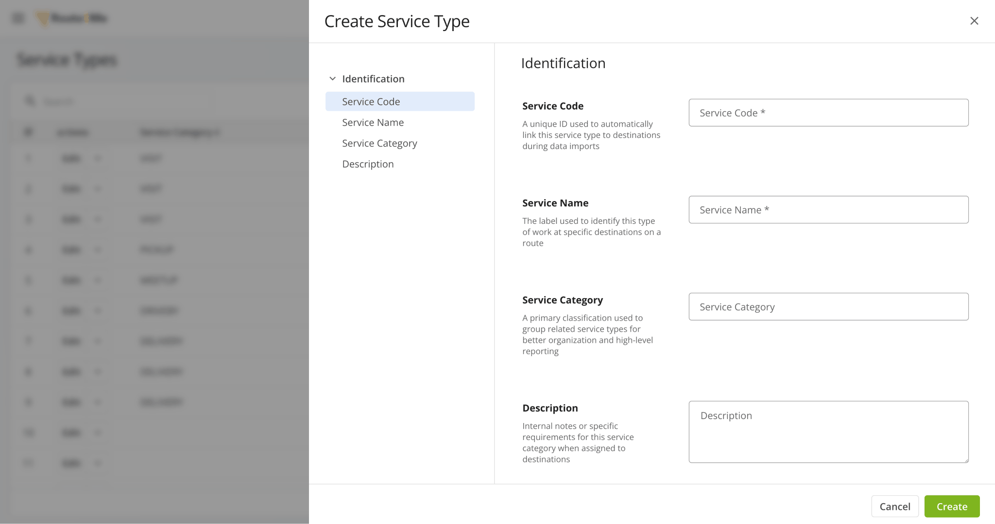 Custom Service Type data fields.