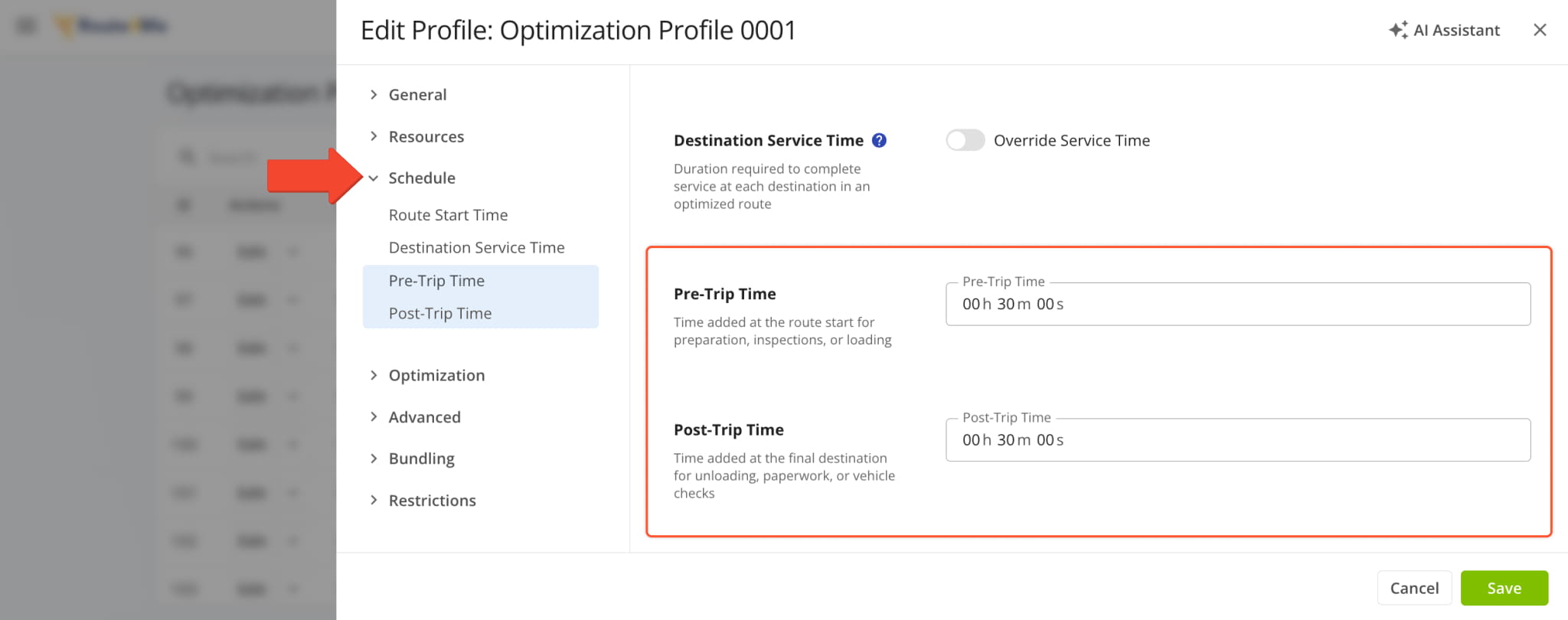 New Pre-Trip Time and Post-Trip Time fields were added to Schedule section of Optimization Profile Settings.