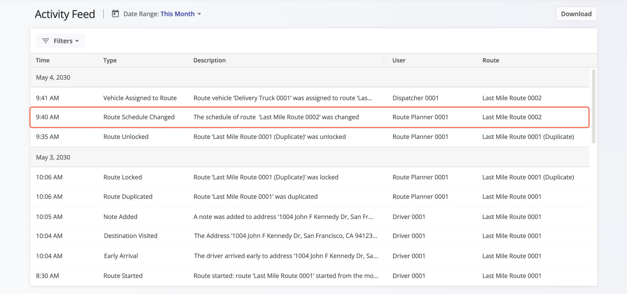 Activity Feed open with a highlighted Route Schedule Changed event.