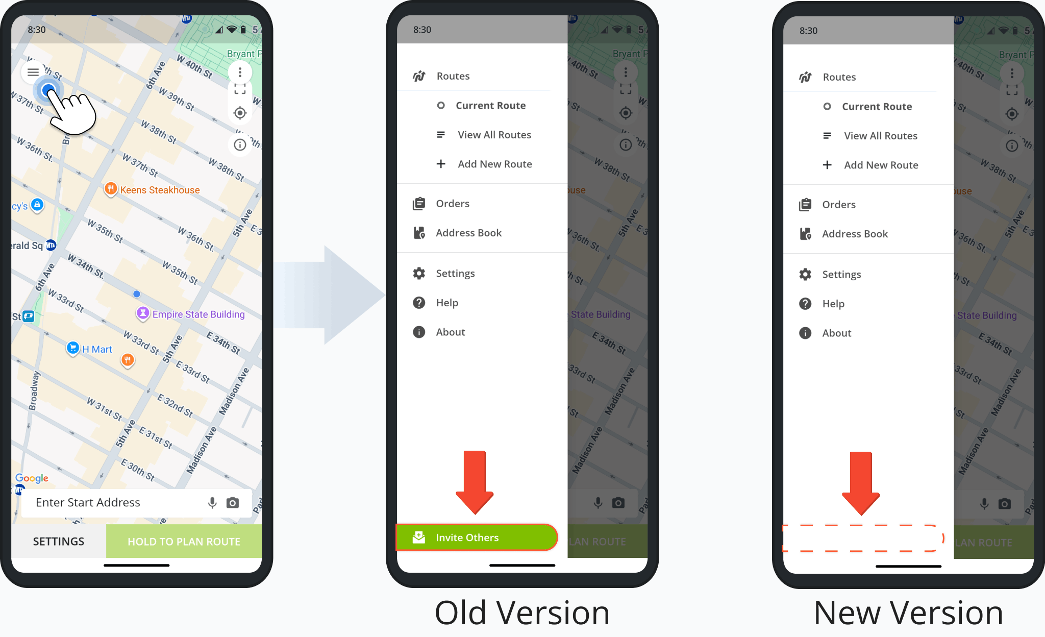 The Route4Me App was updated to remove the Invite Others button from the main menu and disable invite functionality for user accounts.