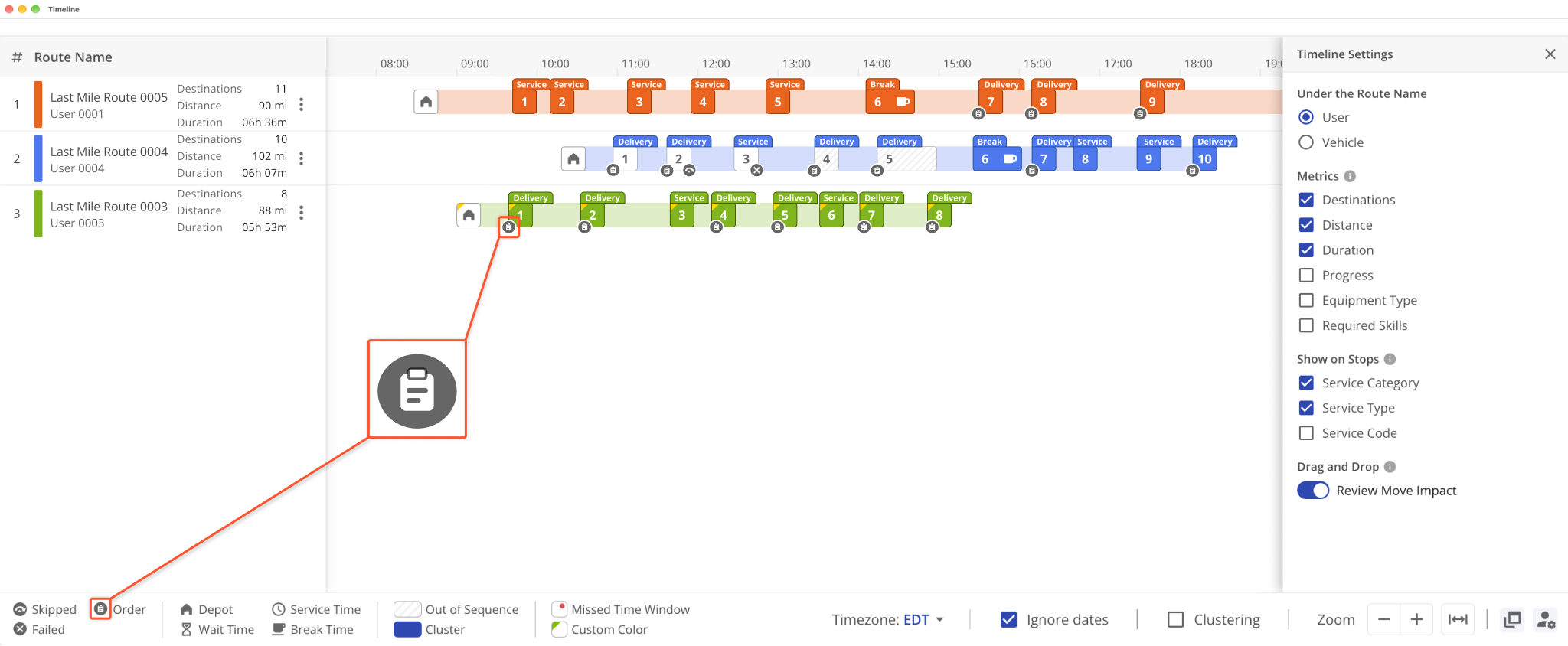 A new Order Icon was added to the Routes Timeline. It's it indicates a Destination shown on the Timeline has an associated Customer Order.