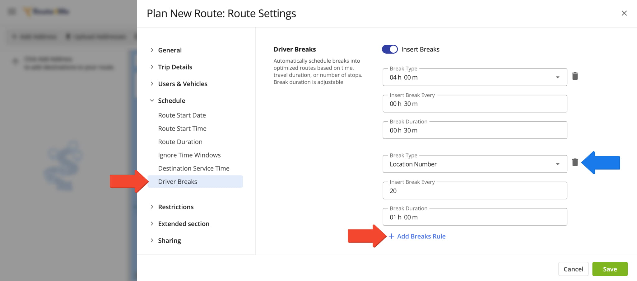 You can now insert multiple hours of service (HOS) breaks when planning routes or into already planned routes.