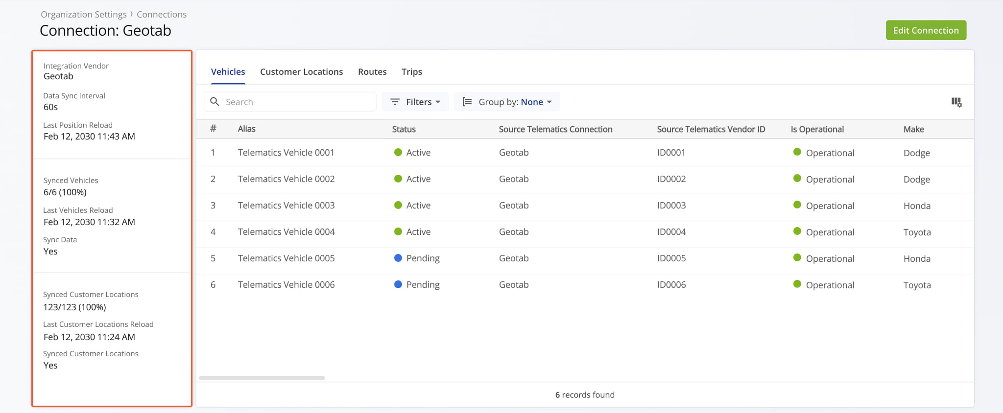 In the Telematics Connection Summary you can see the vendor name, vehicle position refresh rate, the percentage of synced vehicles and customer data, and timestamps for the last data synchronization.