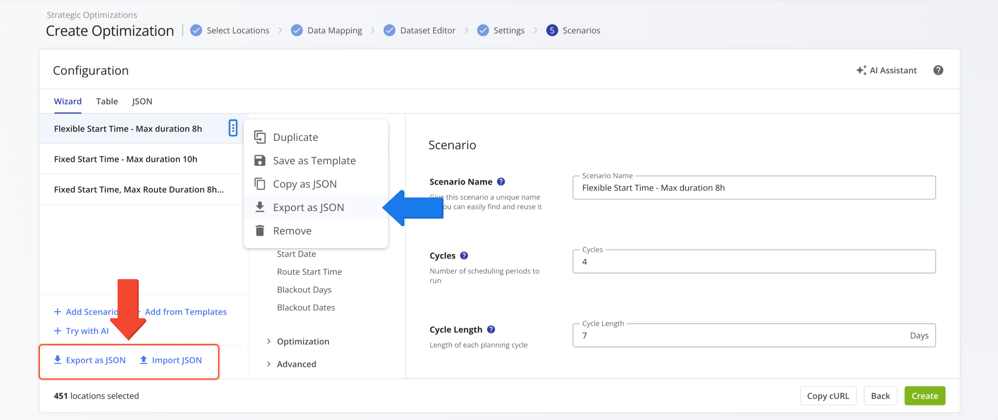 You can now export and import Strategic Scenario Templates as JSON files when Creating Strategic Optimizations using the new buttons at the bottom of the scenario configuration interface.