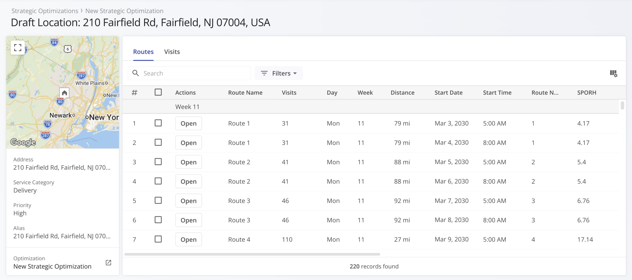Strategic Location Snapshots show visit and route data for a location with customizable columns, filters, and more.