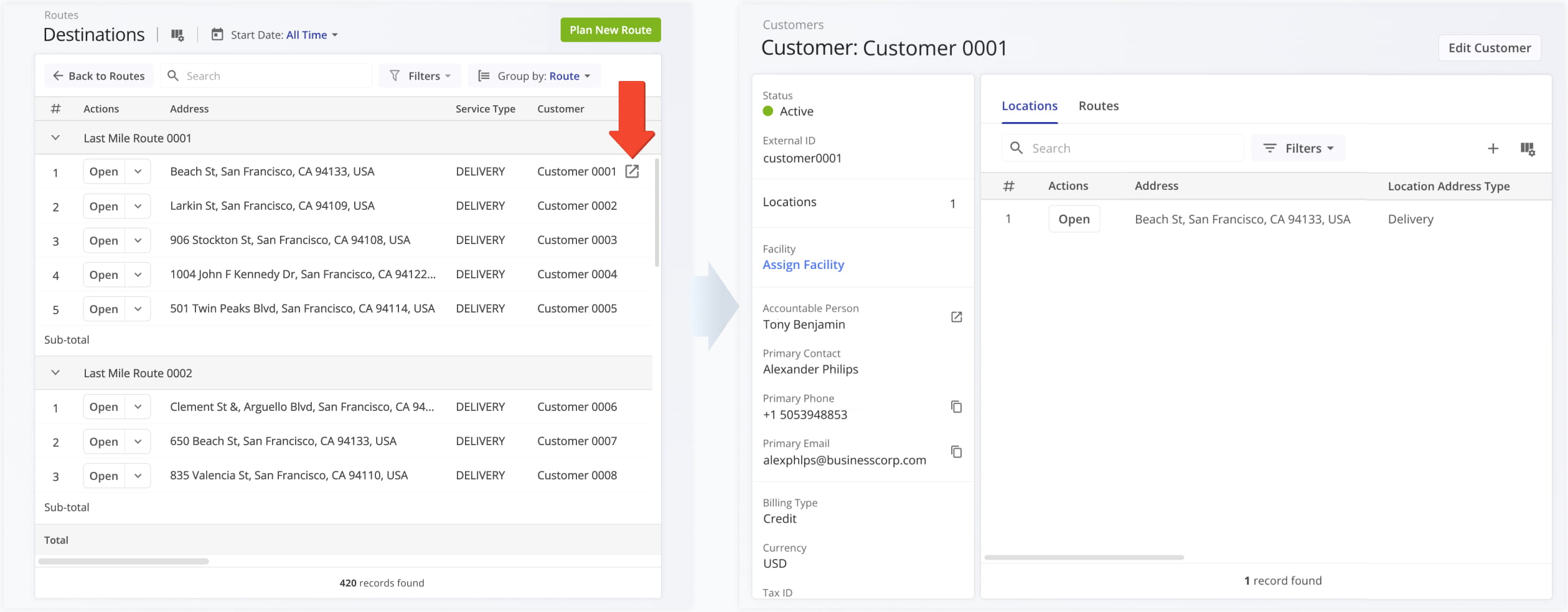 The Destinations Page Customer column was updated with new dynamic functionality. When you hover over a Customer, you