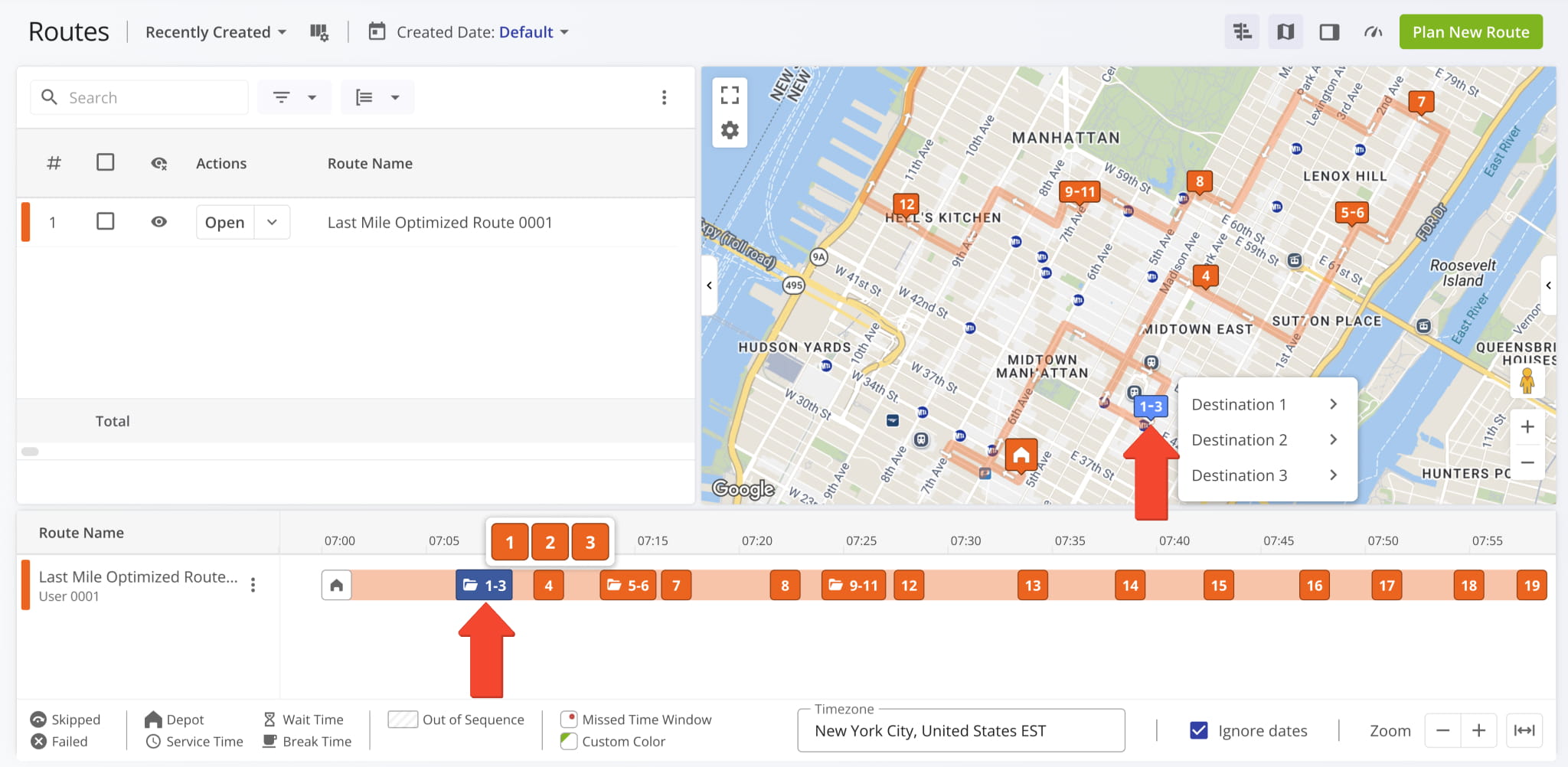 The Routes Timeline and Routes Map now show new Destination Groups for routes with Destination Bundling. To see on-hover destination info, simply hover over a group, and you