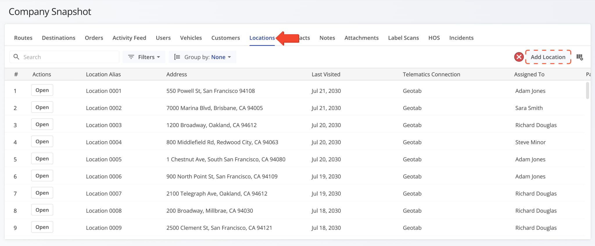 The Add Location button removed from the Locations tab on the Company Snapshot.