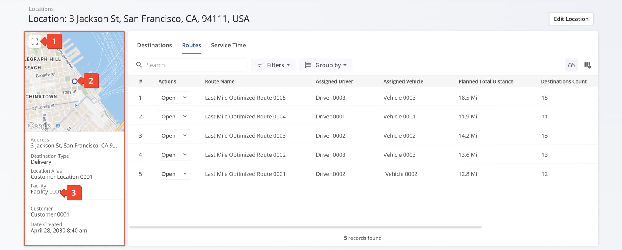 The Location Summary panel shows the address, assigned customer, contact info, and a map of the location.