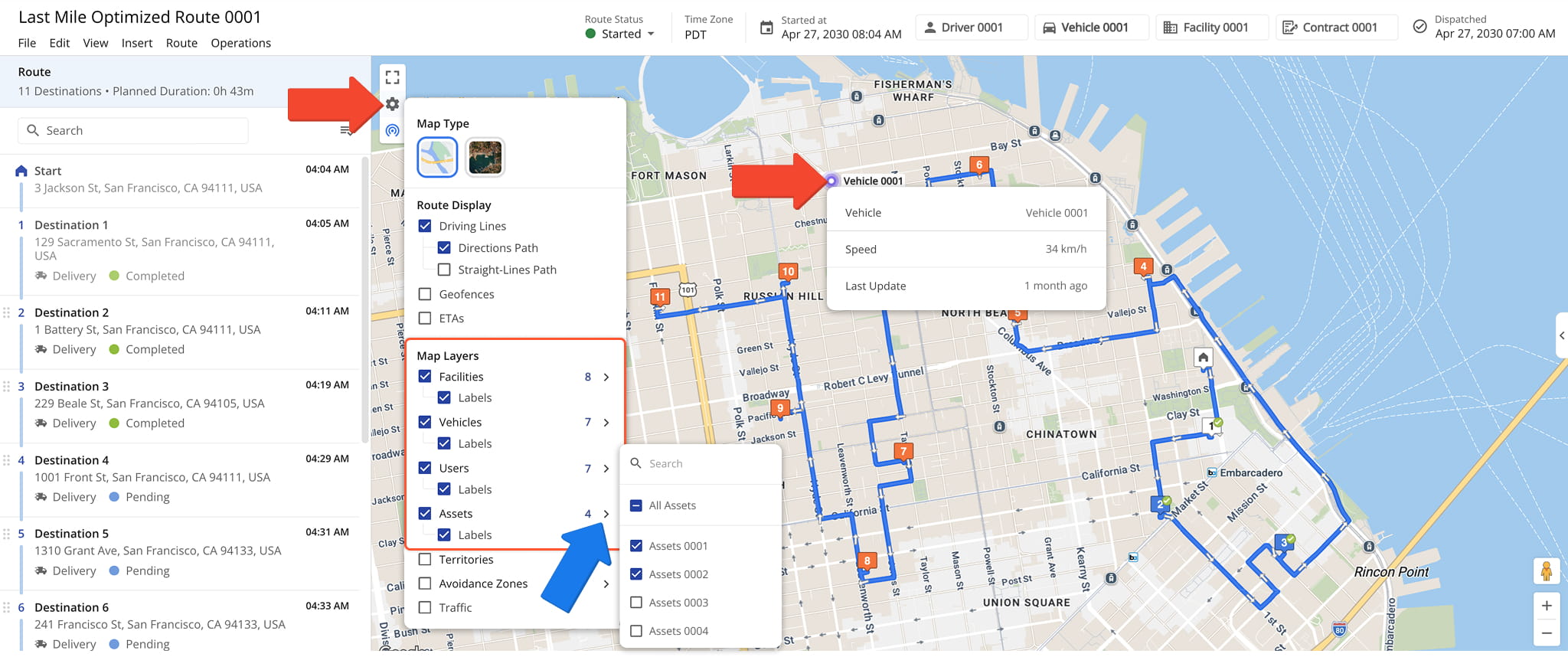 From the Route Editor Map, you can now view Vehicle, user, Asset, and facility overlays.