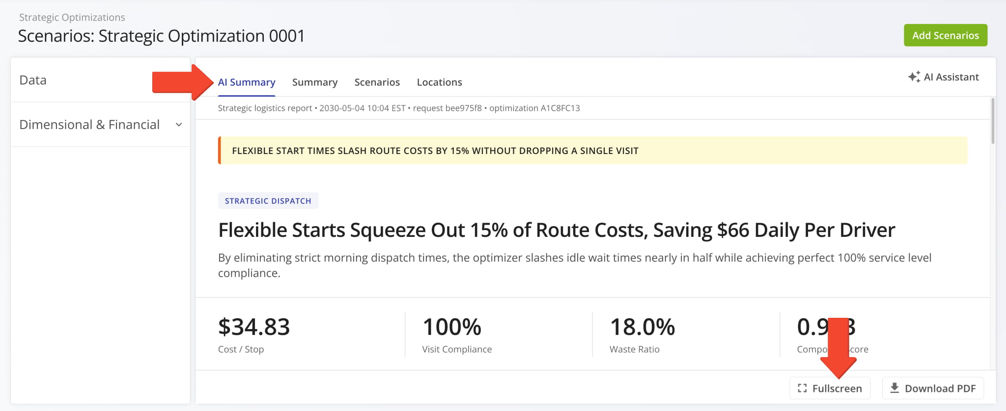 The Strategic Routes Snapshot AI Summary now includes a full screen display button and a loading indicator.