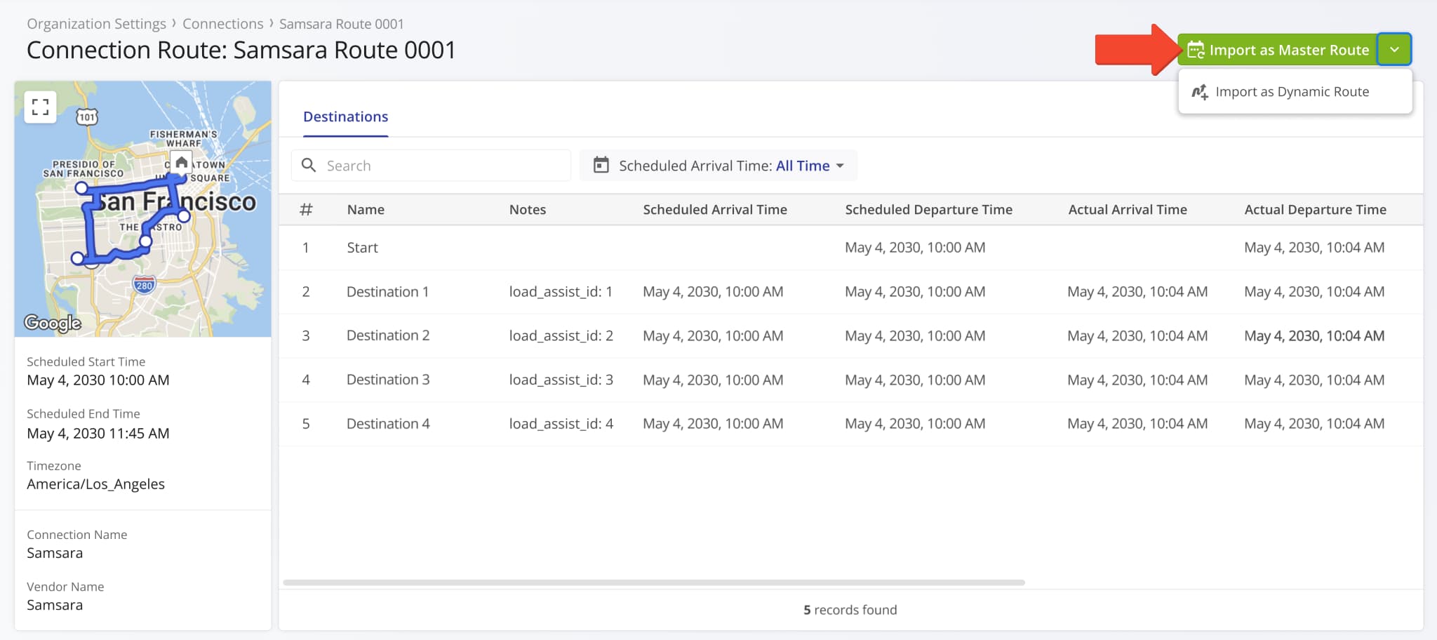 Connection Route Snapshots show detailed destination data associated with the synced connection route. Vendor routes have to be imported before you can use them in Route4Me.