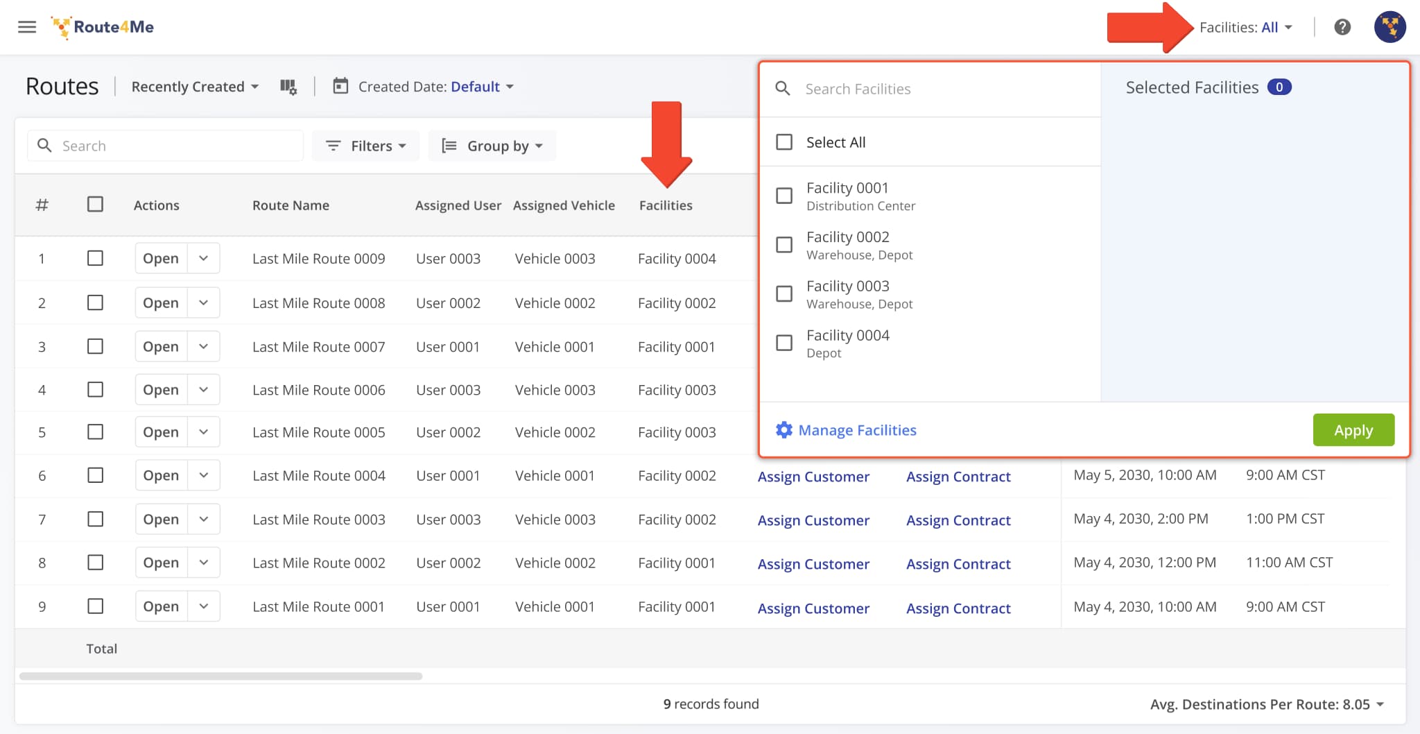The Facilities field in the Route4Me Web Platform header was updated to show All when no Facilities are selected.