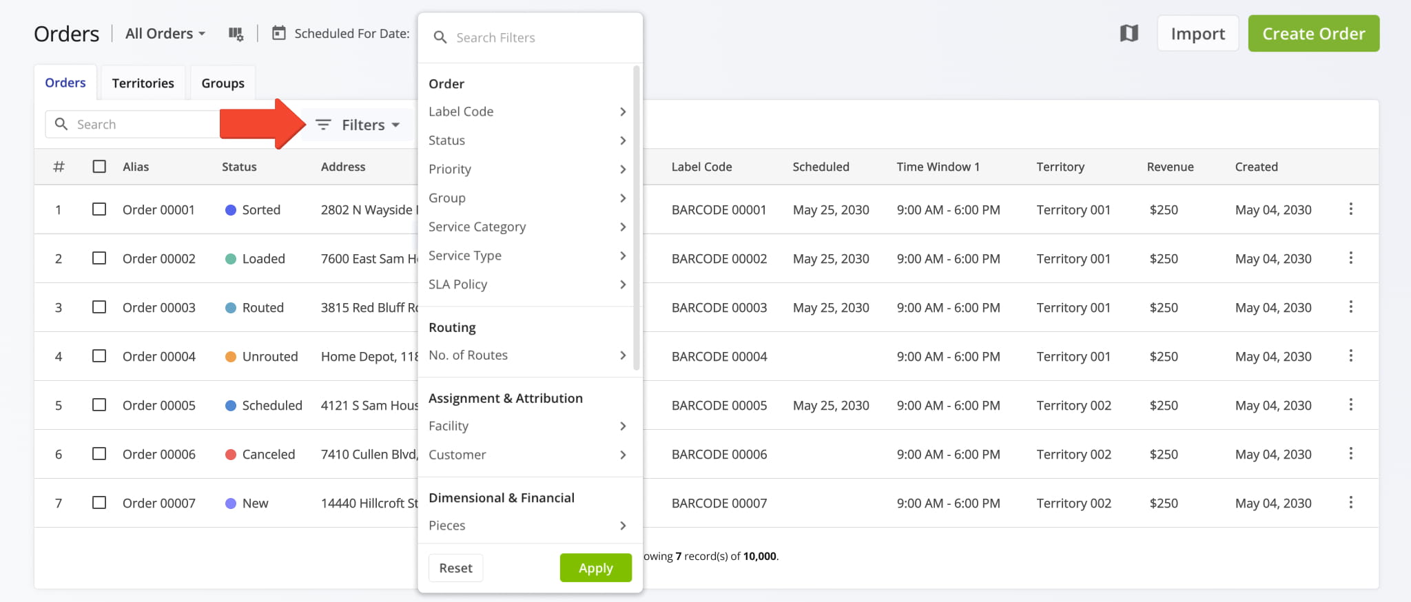 Orders Page with open Filters menu showing new categories and filters.