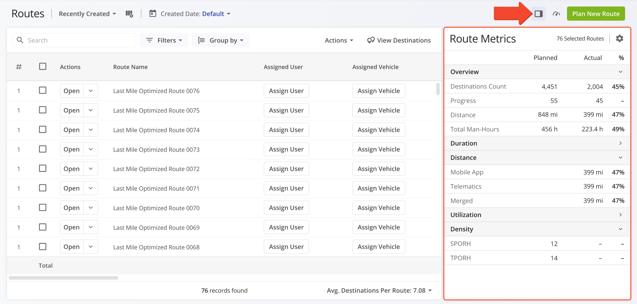 A new Route Metrics panel was added to the Routes Page. It shows planned and actual route data and percentages similar to the existing Performance Insights.