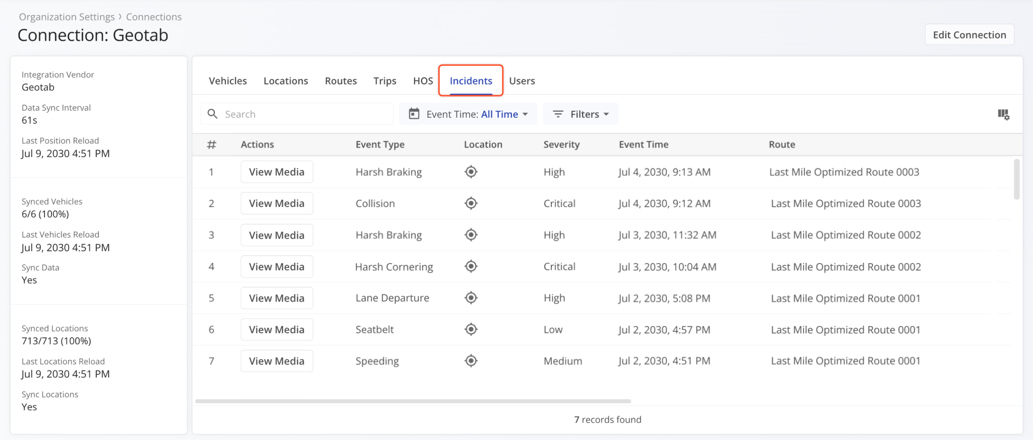 A new Safety Incident section was added to Telematics Snapshots.