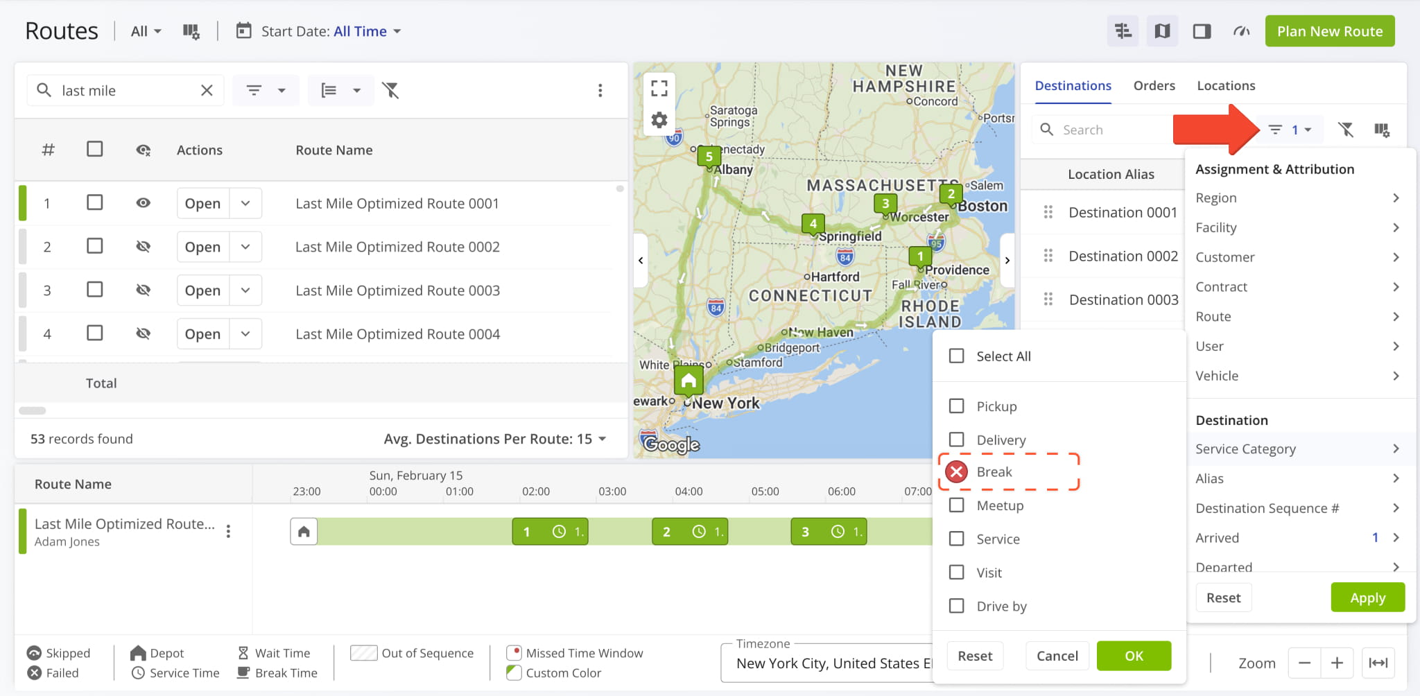 Destinations with the Break Service Category are no longer shown in the Routes Map Sidebar.